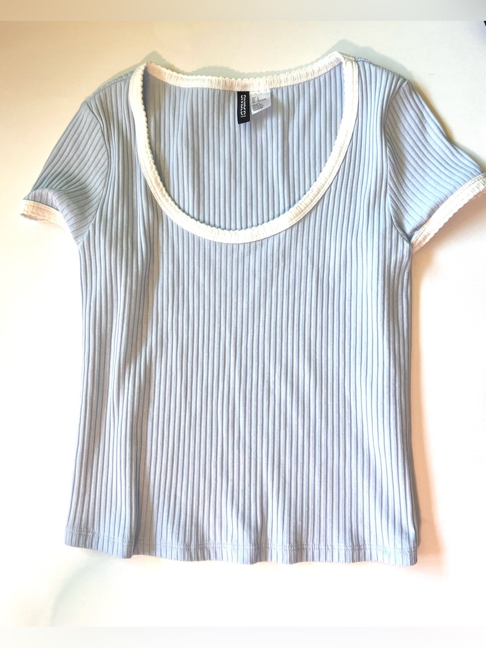 Divided Light Blue Ribbed Scoop ribbed Neck babyTee with White Trim large